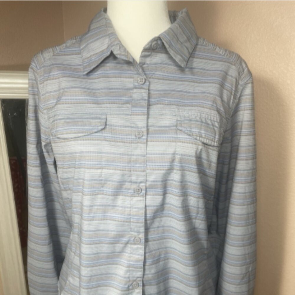Columbia Omni-Shade Women’s XL Blue Striped Button Up Hiking Fishing Shirt